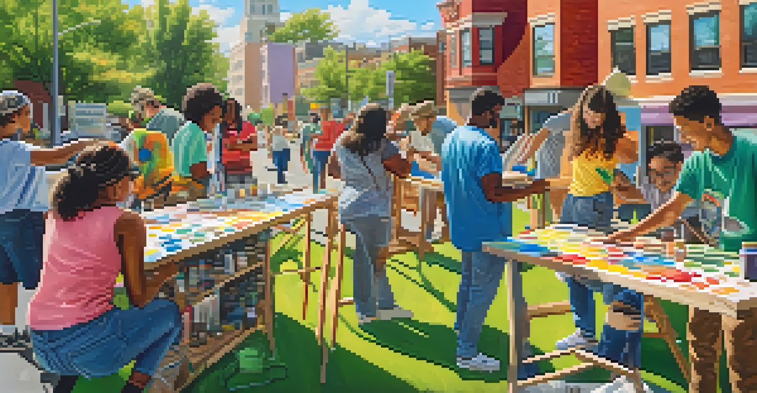 Diverse individuals collaborating on a mural that critiques consumer culture, surrounded by art supplies in an urban setting.