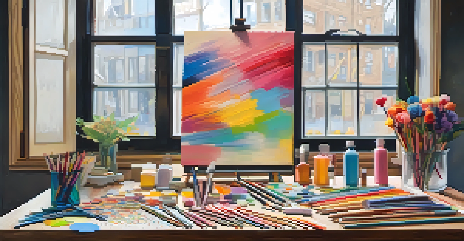 An artist's workspace with pastel sticks and a floral painting in progress on a wooden table.