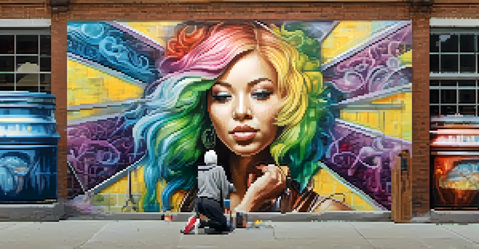 A street artist painting a mural on a brick wall, surrounded by spray paint cans, with a busy urban environment in the background.