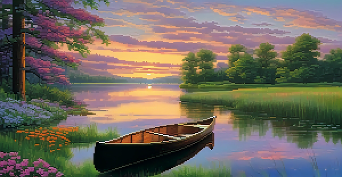 A tranquil sunset over a lake, with colorful reflections and a canoe at the shore.
