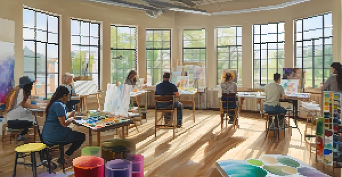 A peaceful art therapy studio where diverse individuals create art with vibrant colors, surrounded by art supplies and natural light.