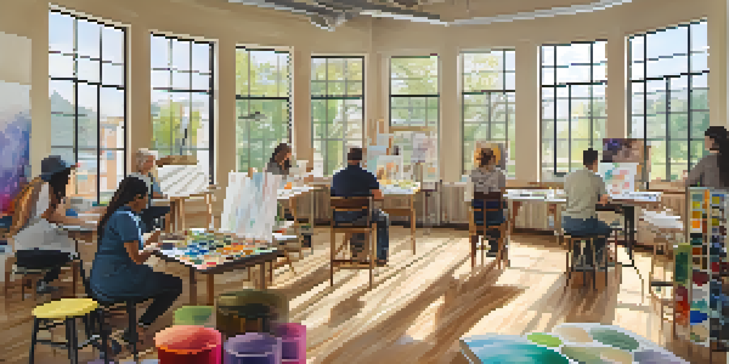 A peaceful art therapy studio where diverse individuals create art with vibrant colors, surrounded by art supplies and natural light.