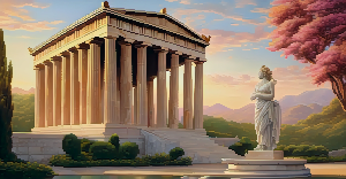A picturesque view of an ancient Greek temple with a marble statue in the foreground, illuminated by a sunset sky.