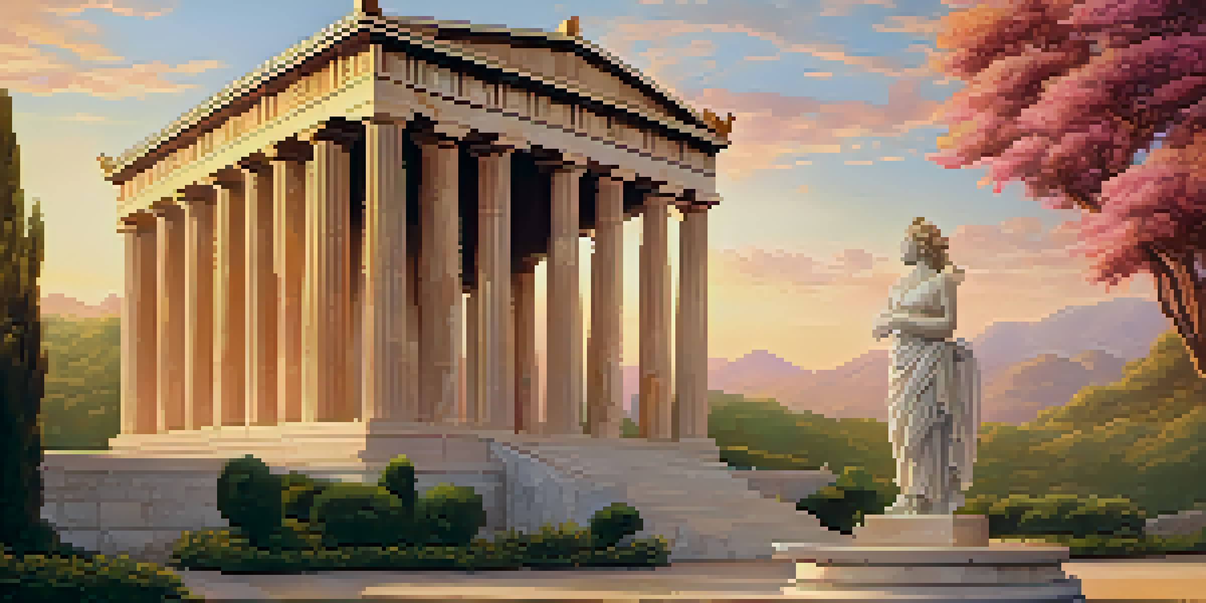 A picturesque view of an ancient Greek temple with a marble statue in the foreground, illuminated by a sunset sky.