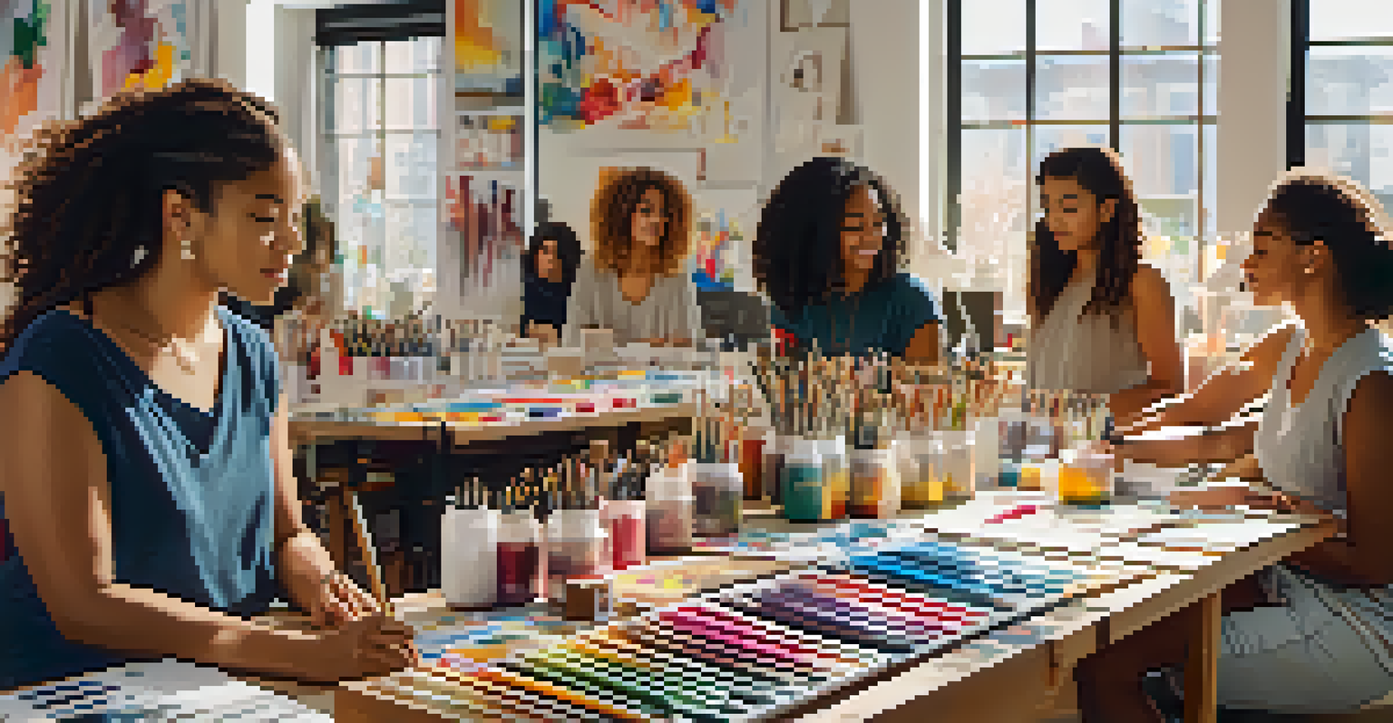 A diverse group of women participating in an art workshop, surrounded by art supplies and colorful canvases in a bright, inviting space.