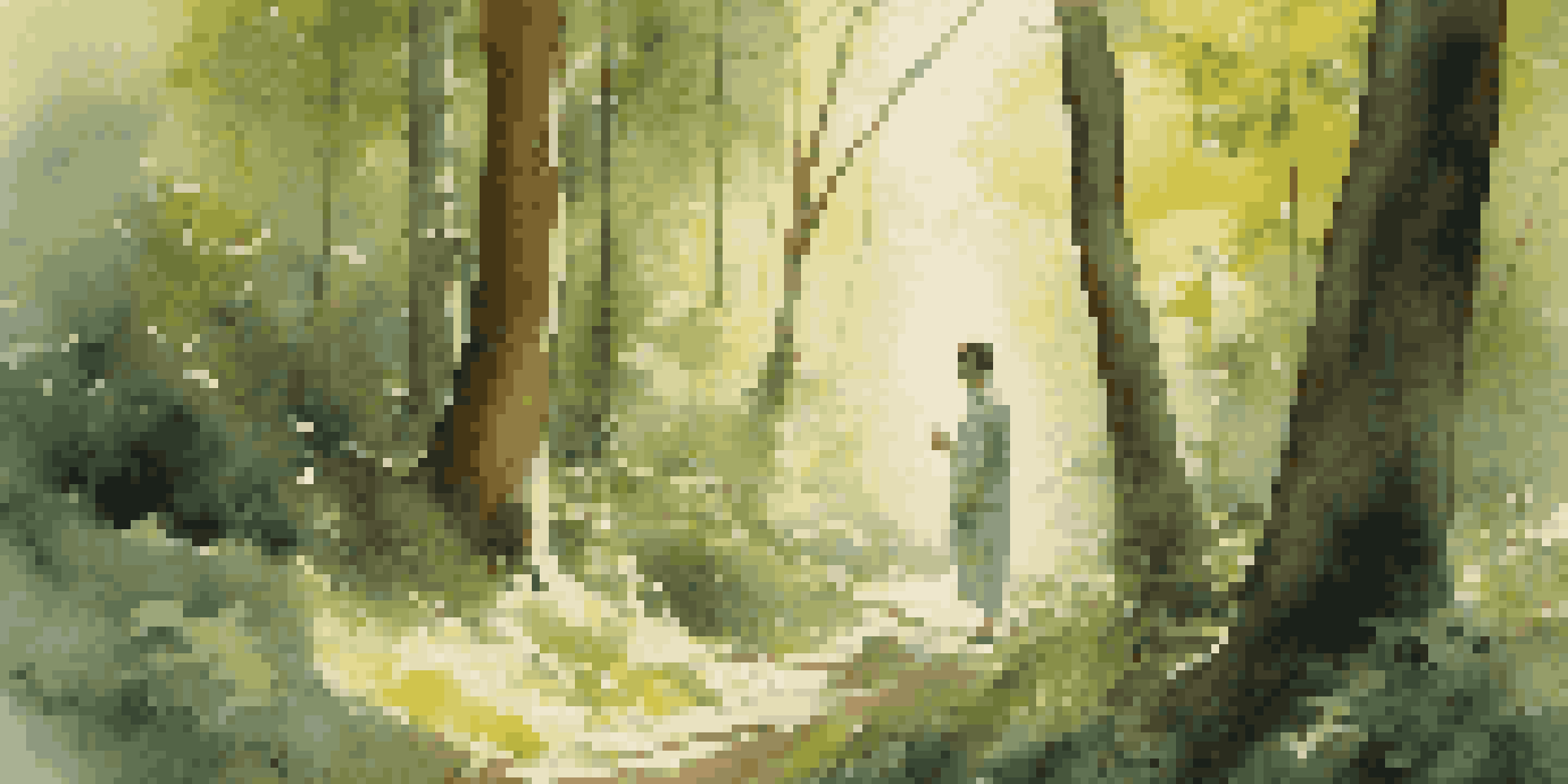 An artist performing in a forest, surrounded by nature, with soft sunlight filtering through the trees.
