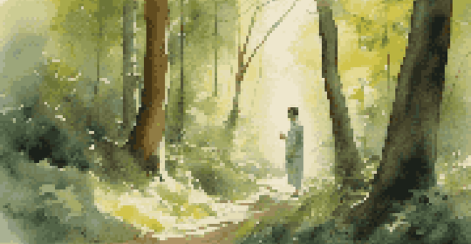 An artist performing in a forest, surrounded by nature, with soft sunlight filtering through the trees.