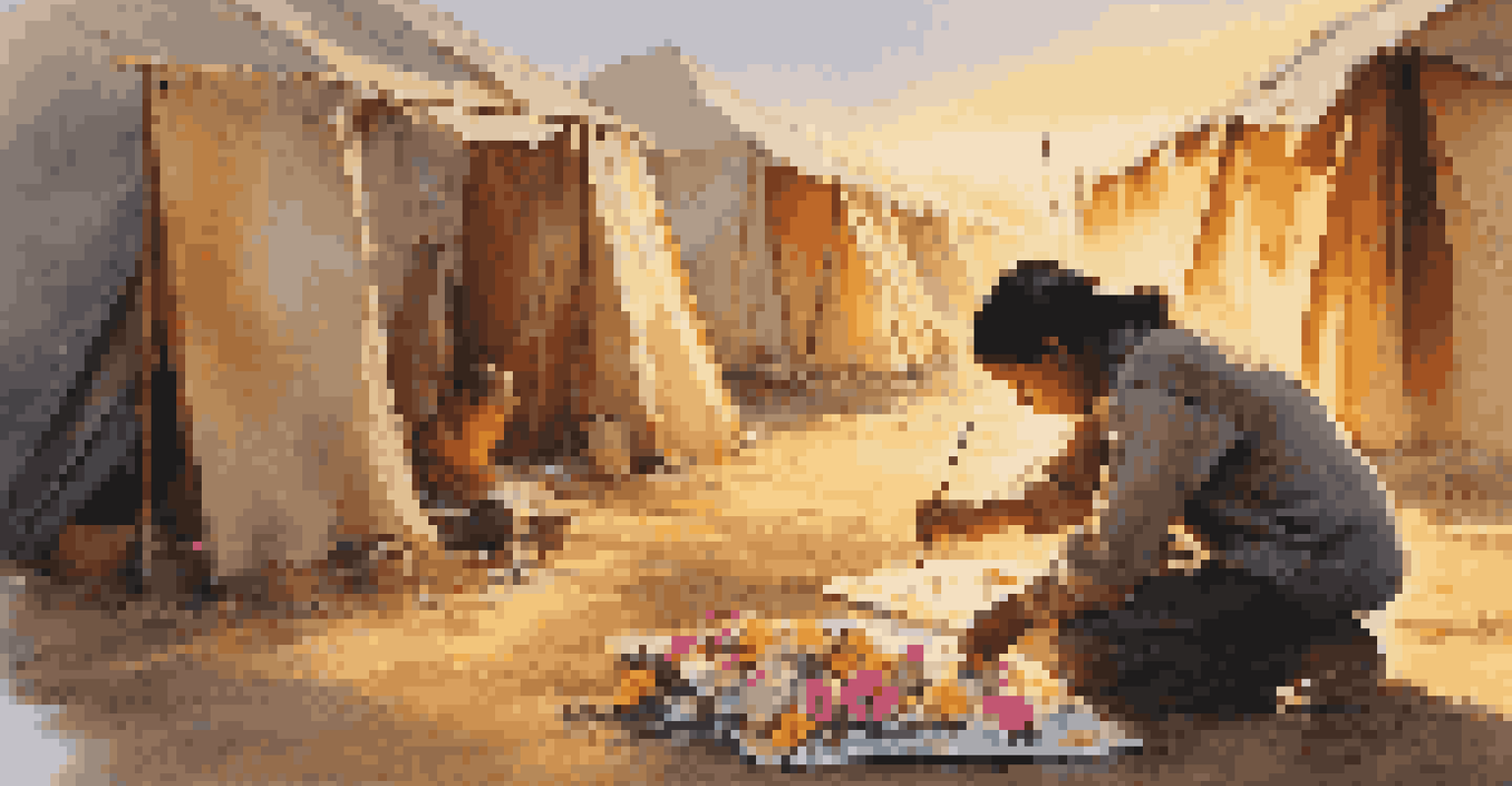 A young artist painting in a refugee camp, showing deep concentration and hope, with a canvas depicting a vibrant landscape, illuminated by sunset light.