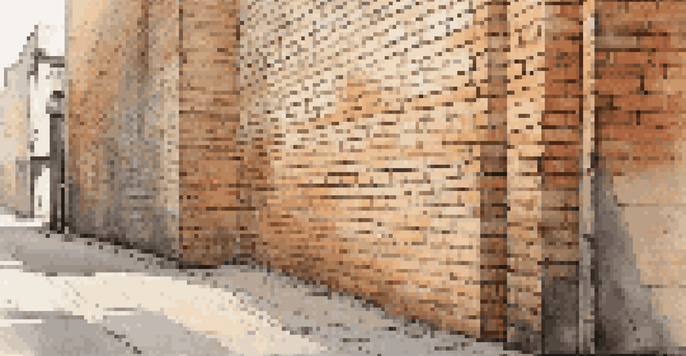 A weathered brick wall with a single bold line drawn across it, illuminated by soft sunlight, highlighting the contrast between the artwork and the wall's texture.