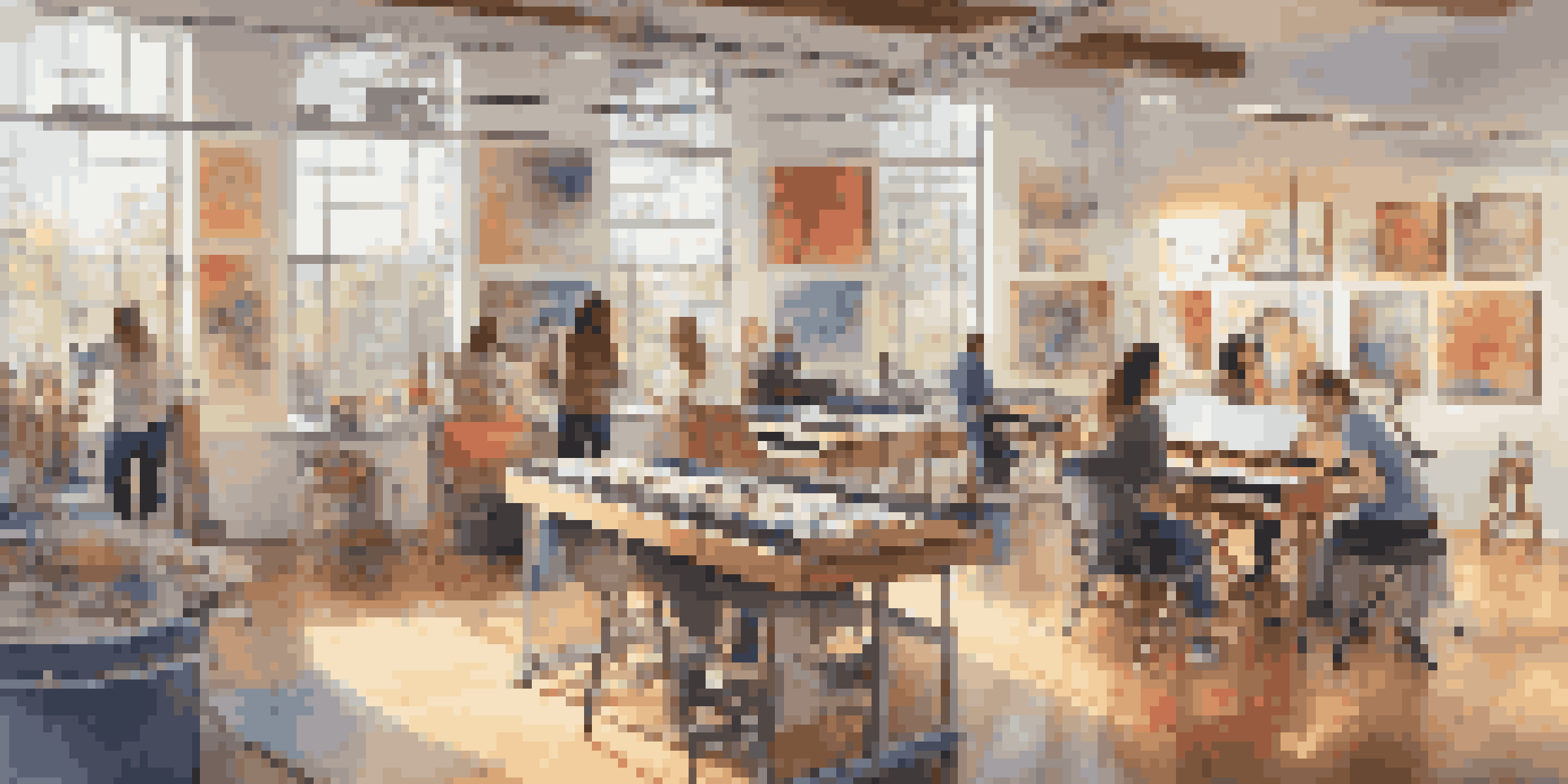 An inclusive art studio with diverse artists using adaptive tools to create art, with colorful artworks displayed and natural light coming in from windows.