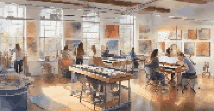 An inclusive art studio with diverse artists using adaptive tools to create art, with colorful artworks displayed and natural light coming in from windows.