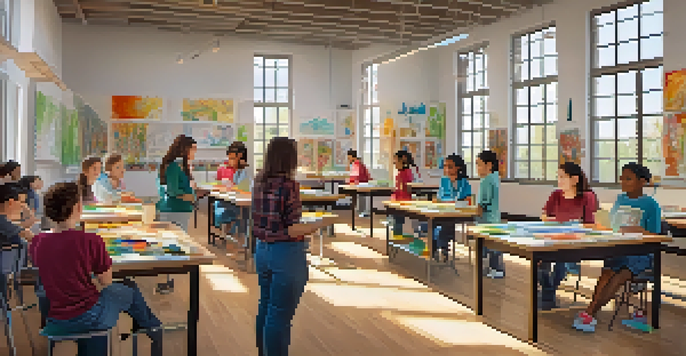 A lively art classroom where students are painting and sculpting, surrounded by colorful artwork and bright natural light.