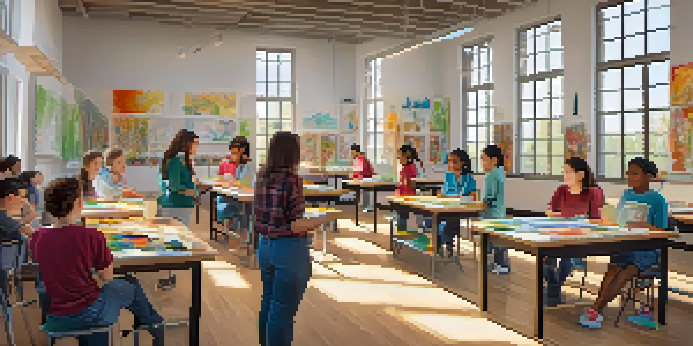 A lively art classroom where students are painting and sculpting, surrounded by colorful artwork and bright natural light.