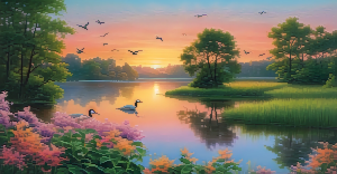 A tranquil lake at sunset, surrounded by trees and flowers, with a colorful sky and flying birds.