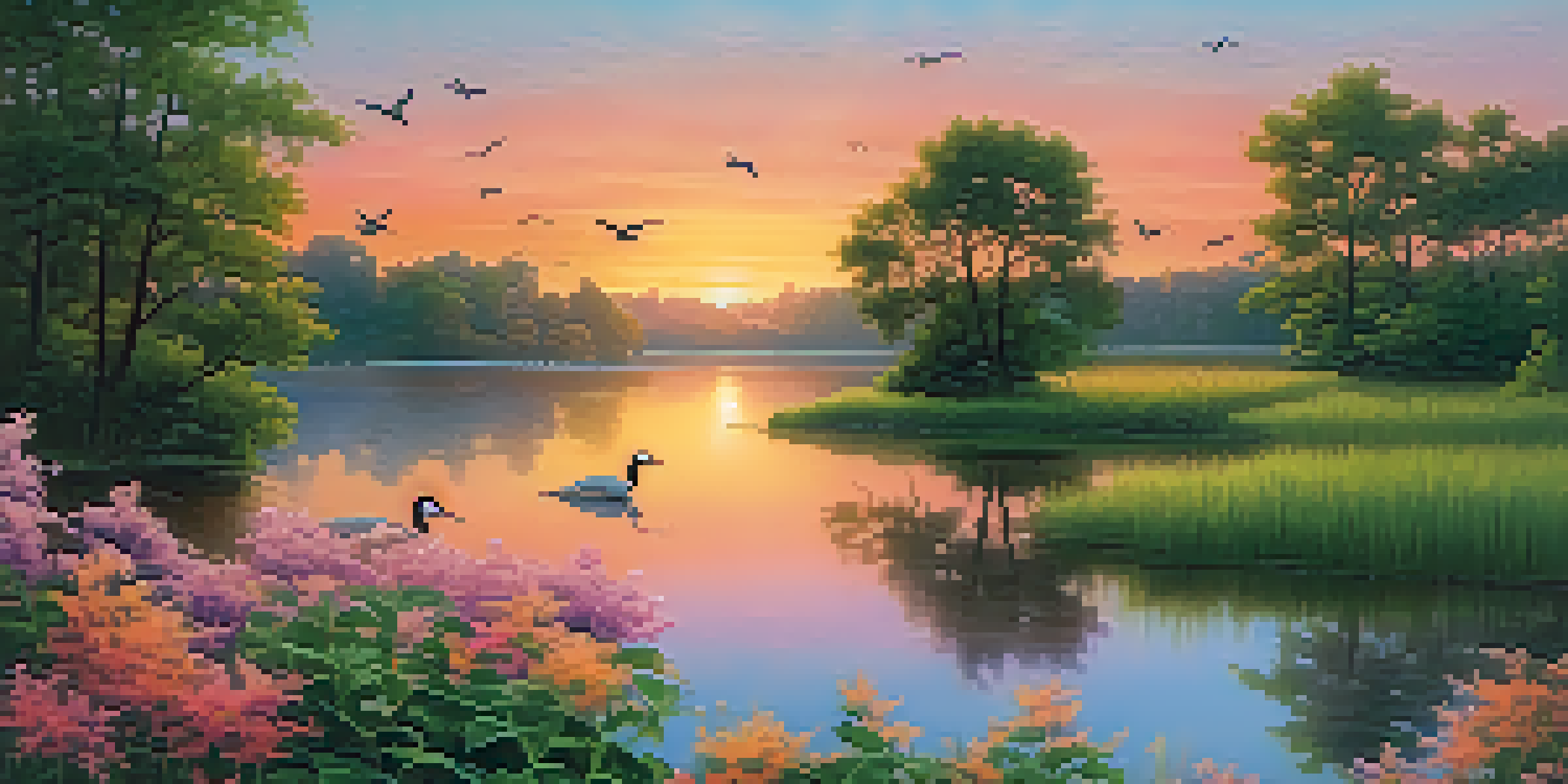 A tranquil lake at sunset, surrounded by trees and flowers, with a colorful sky and flying birds.