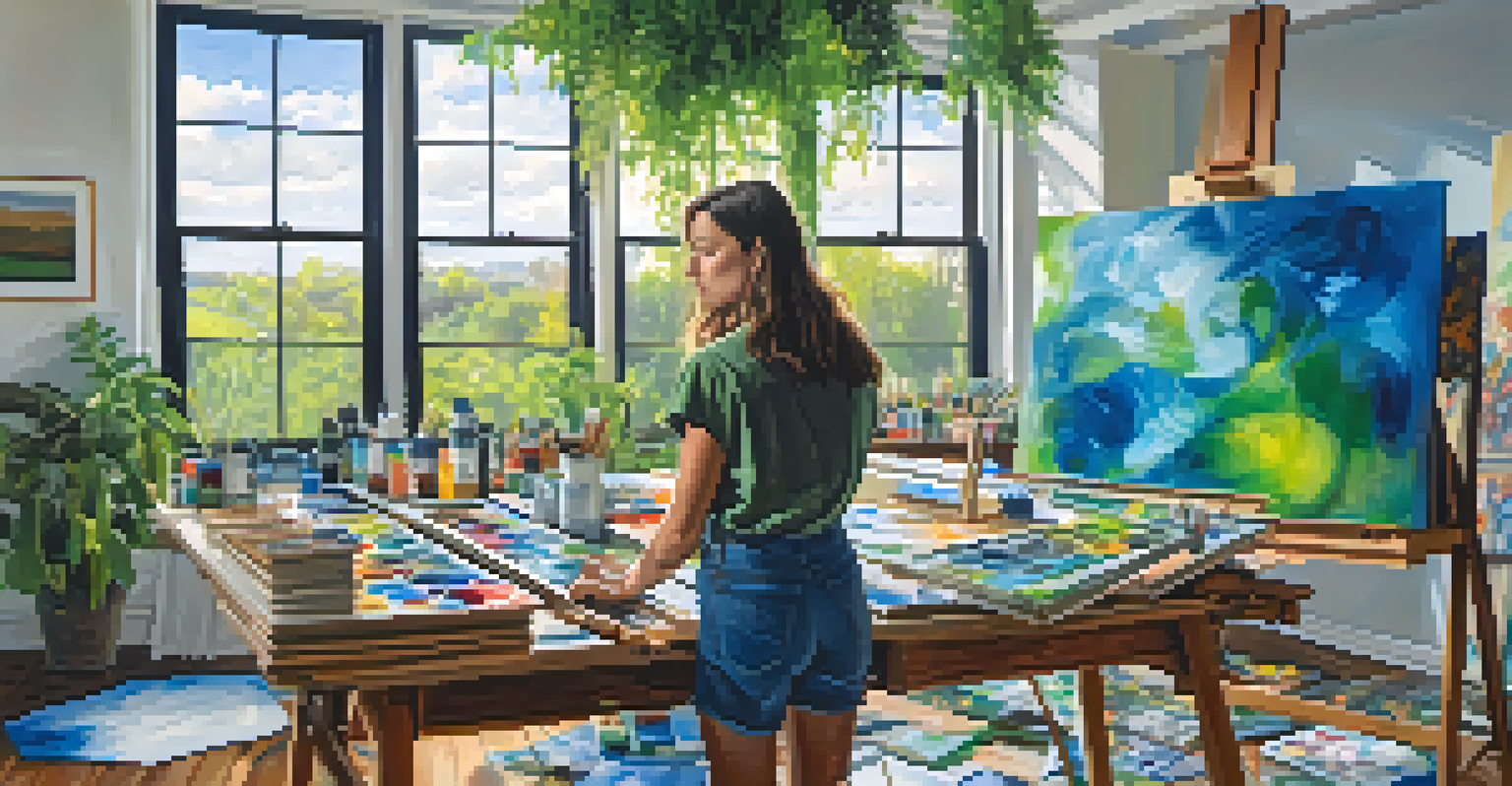 An artist at work in a bright studio, creating an abstract painting focused on climate justice, surrounded by plants and art supplies.