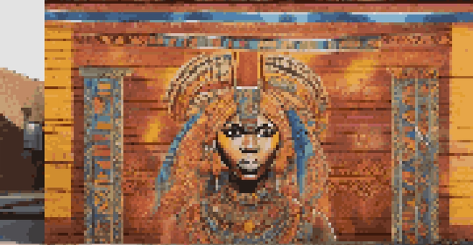 A colorful street mural that blends traditional African designs with modern Western art, illuminated by sunlight on a brick wall.