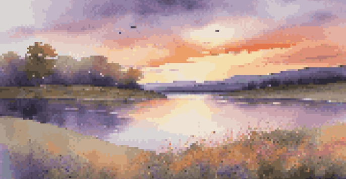 A peaceful sunset over a lake, with colorful reflections and wildflowers in the foreground.