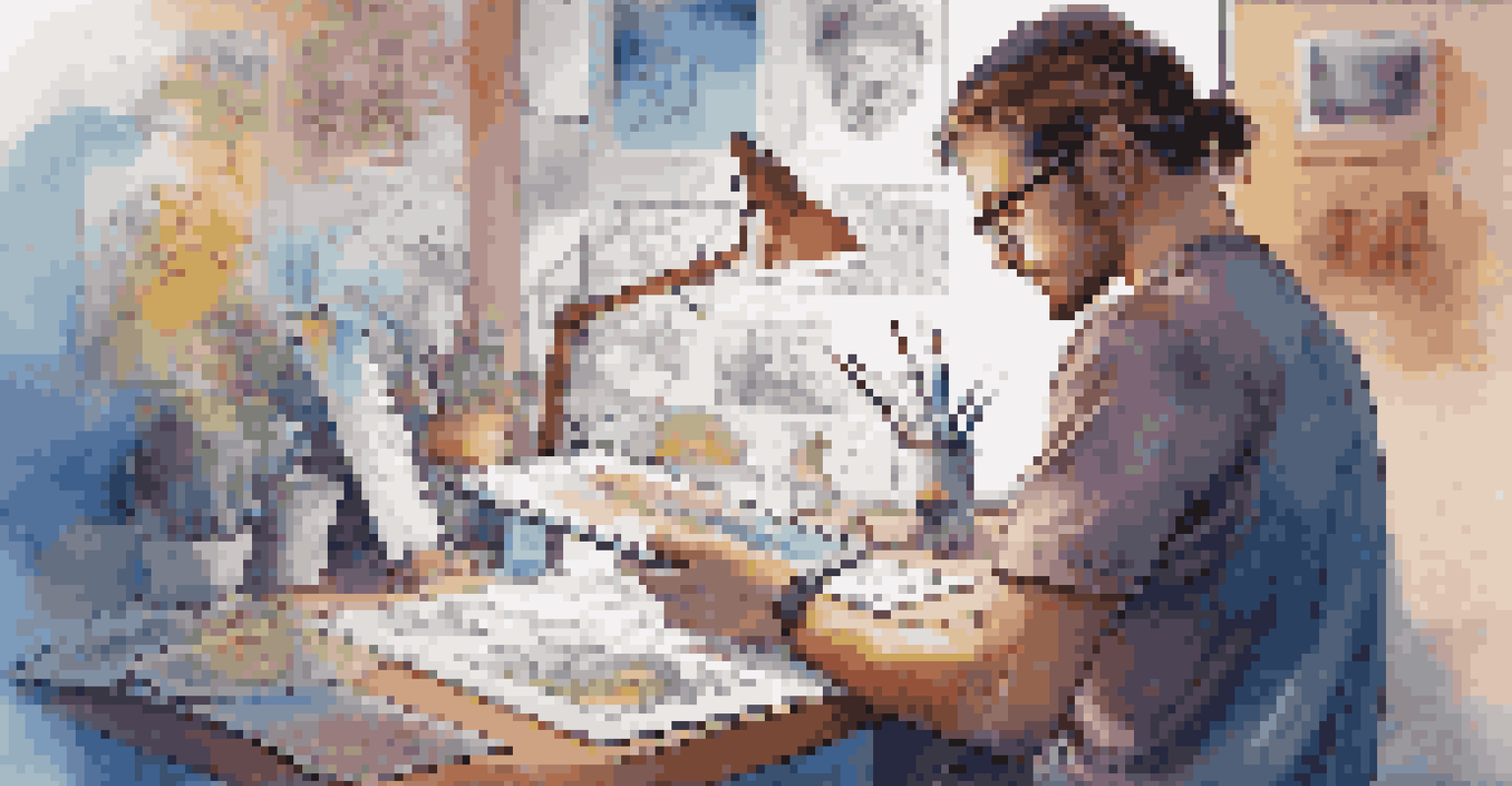 A digital artist focused on their tablet, surrounded by colorful sketches and illuminated by soft lighting.