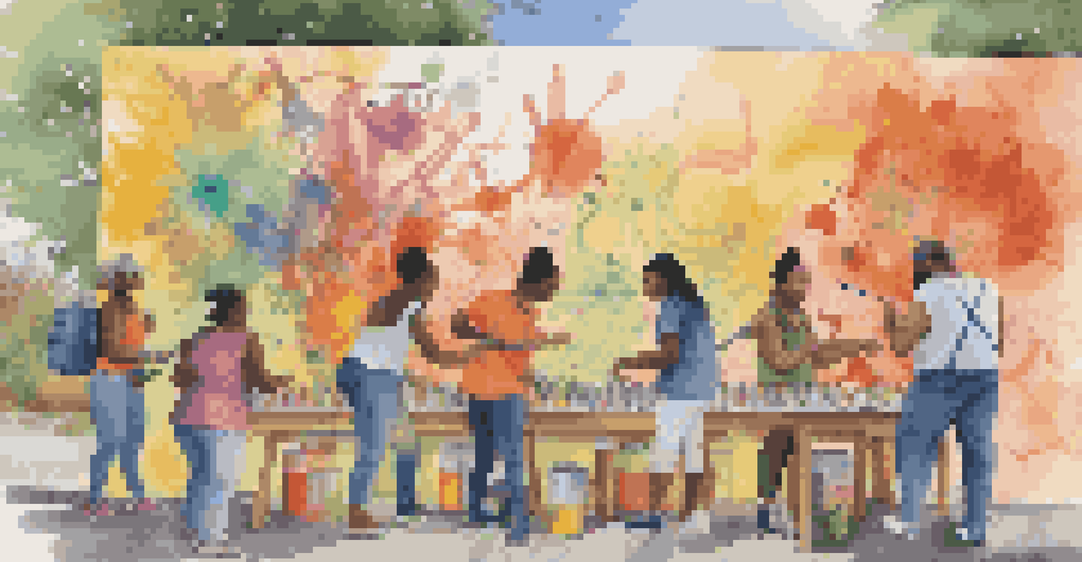 A group of young artists working together on a colorful mural outdoors, sharing ideas and painting.