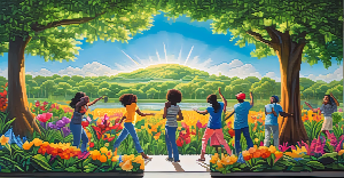 A colorful mural showing various people from diverse backgrounds participating in environmental activism among greenery and flowers, symbolizing hope and unity.