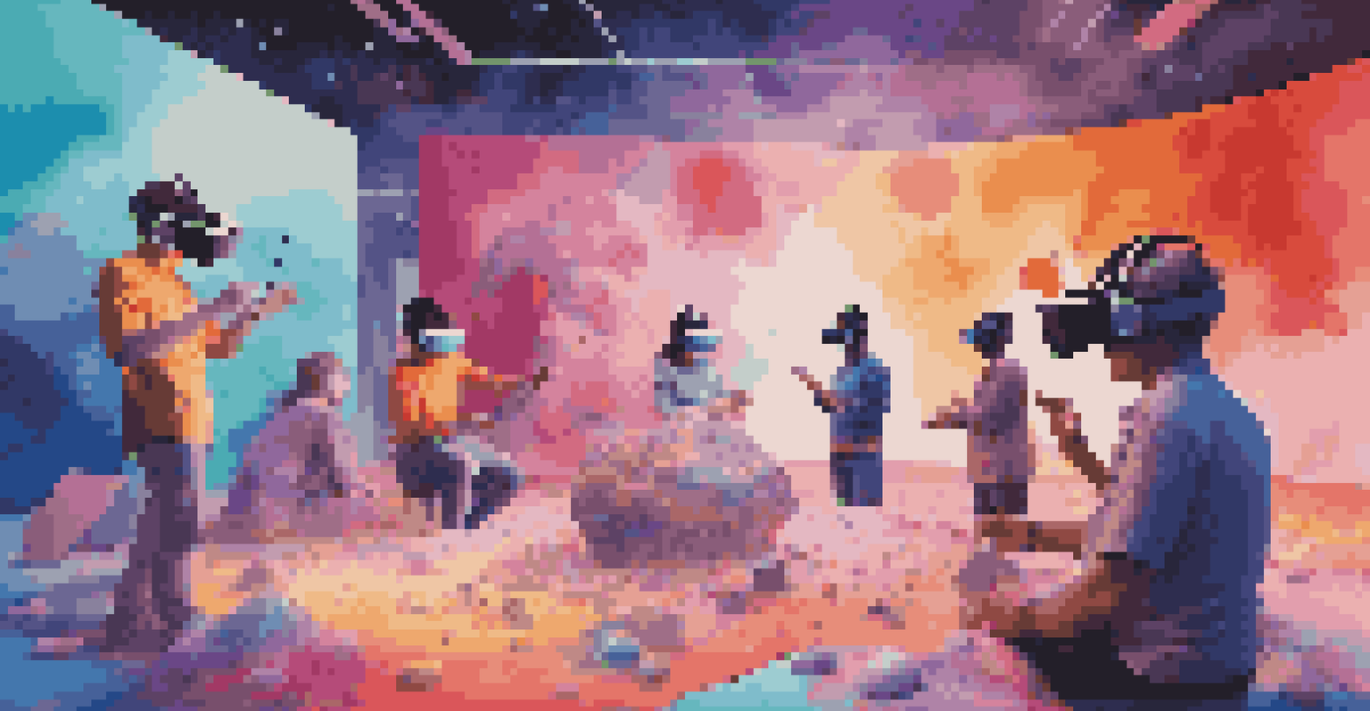 Artists in a virtual reality setting sculpting together with digital clay, surrounded by colorful abstract shapes.
