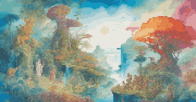 A colorful digital artwork showcasing mythical figures in a modern landscape, surrounded by bright flowers and a blue sky.