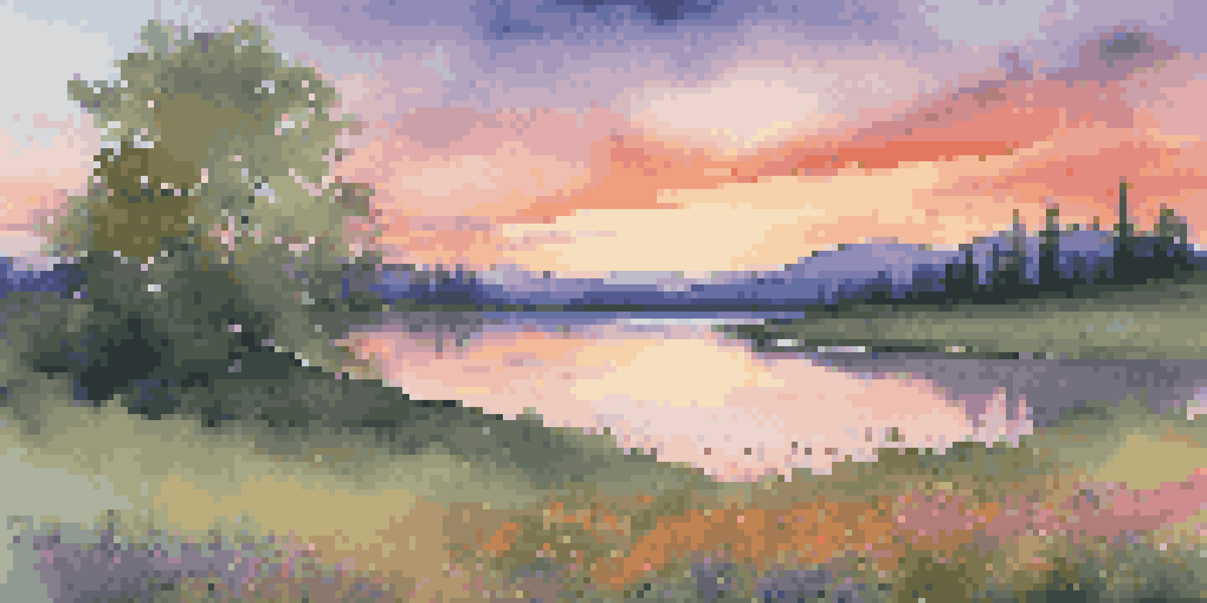 A vibrant sunset landscape with a green meadow, colorful wildflowers, a calm river, and distant mountains under a pink and orange sky.