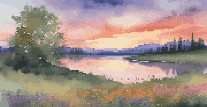 A vibrant sunset landscape with a green meadow, colorful wildflowers, a calm river, and distant mountains under a pink and orange sky.