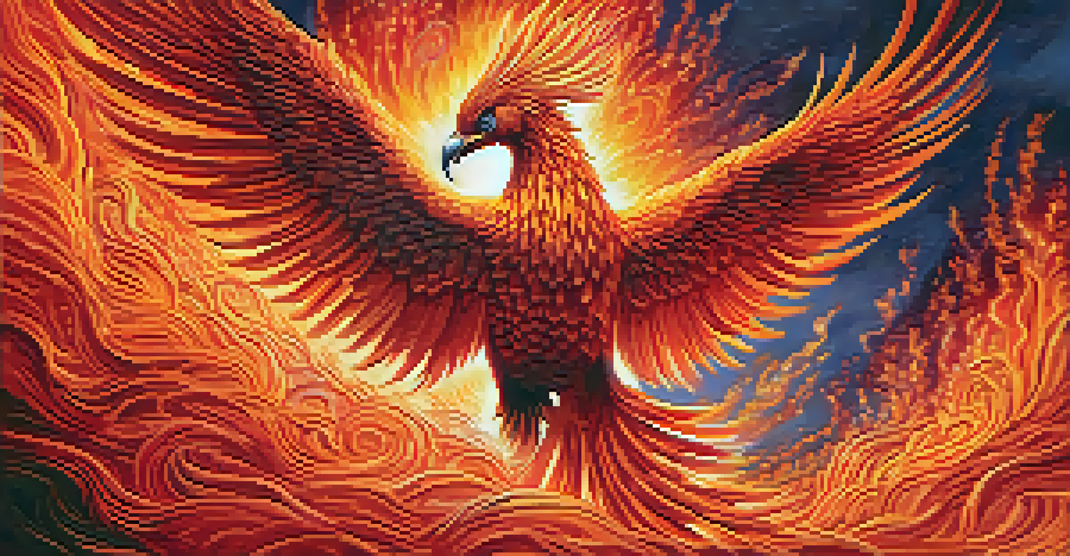 A phoenix rising from flames, showcasing intricate feathers and vibrant colors representing rebirth.