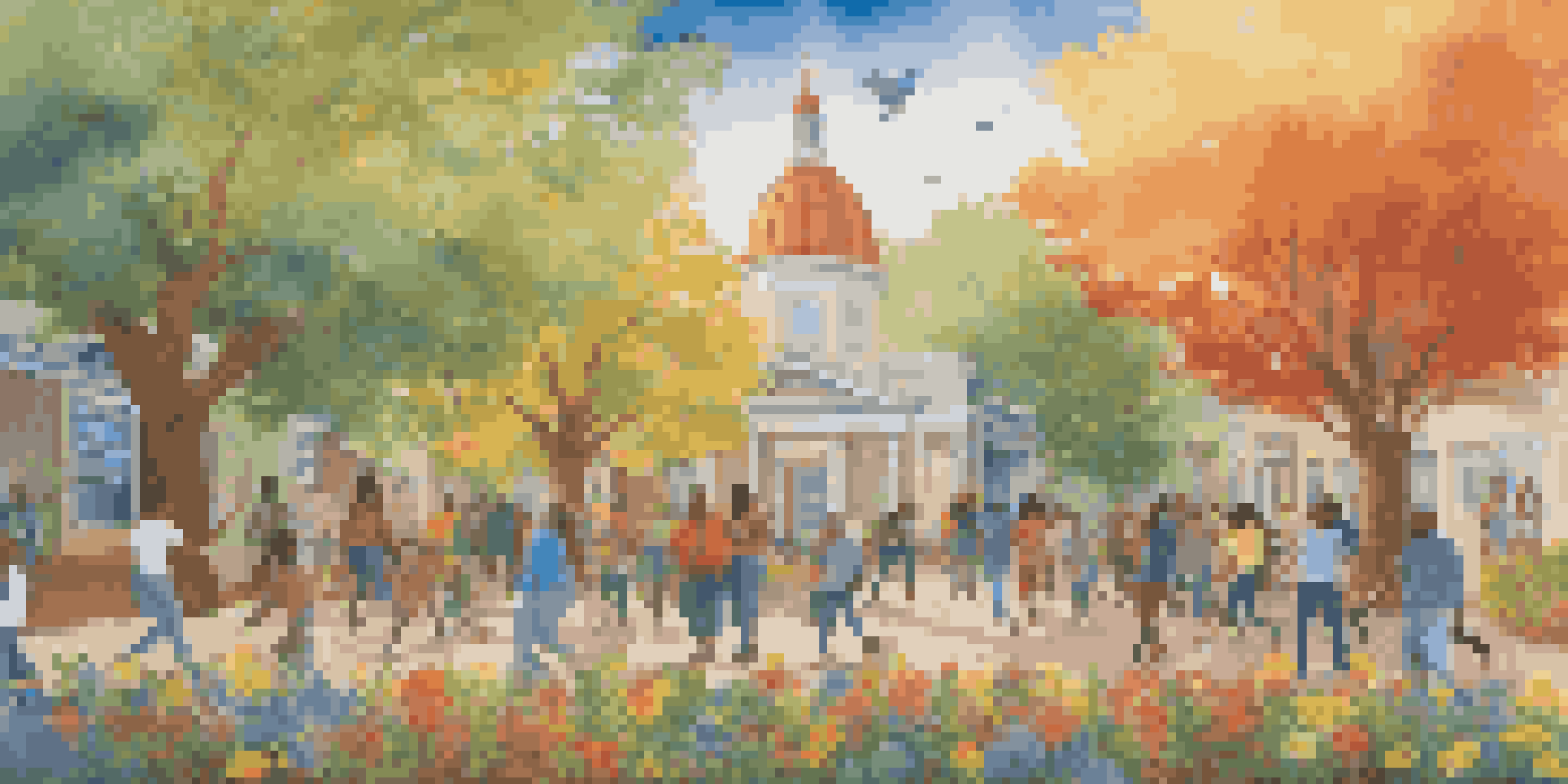 A colorful community mural showing diverse individuals participating in art, with symbols of hope and resilience surrounded by nature.