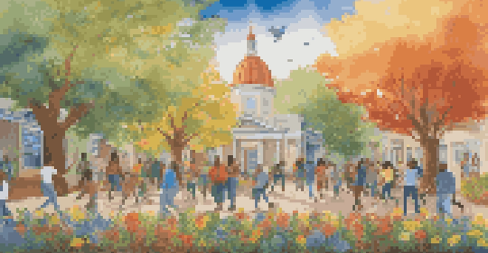A colorful community mural showing diverse individuals participating in art, with symbols of hope and resilience surrounded by nature.