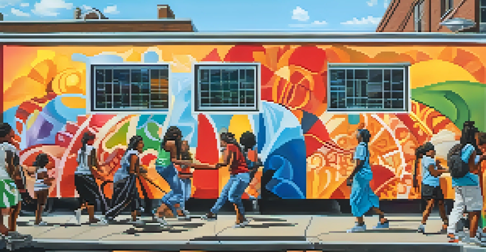 A colorful mural depicting diverse individuals involved in community activities, symbolizing unity and social justice.