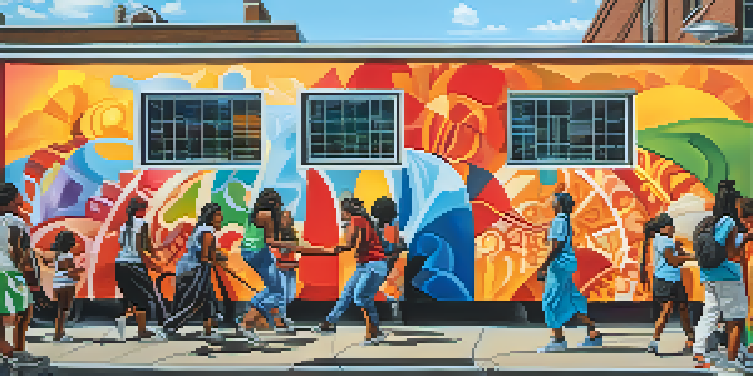 A colorful mural depicting diverse individuals involved in community activities, symbolizing unity and social justice.