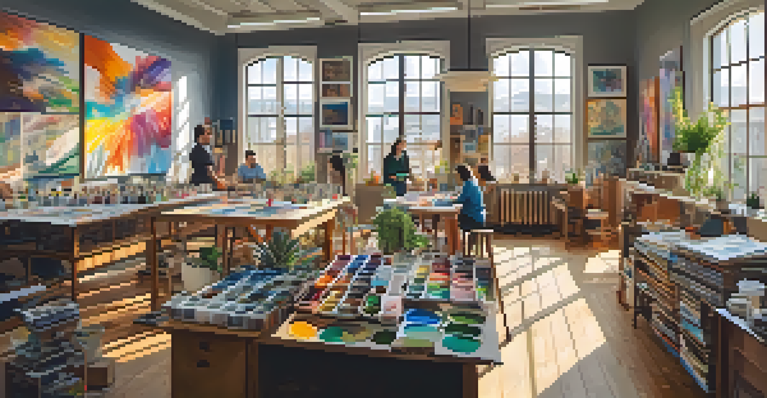 Artists collaborating in a bright studio space, surrounded by art supplies and a large canvas.