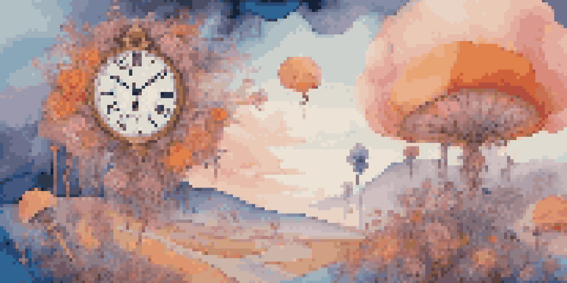 A surreal landscape with a melting clock and distorted objects in soft pastel colors, creating a dreamlike atmosphere.