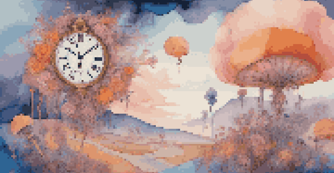 A surreal landscape with a melting clock and distorted objects in soft pastel colors, creating a dreamlike atmosphere.