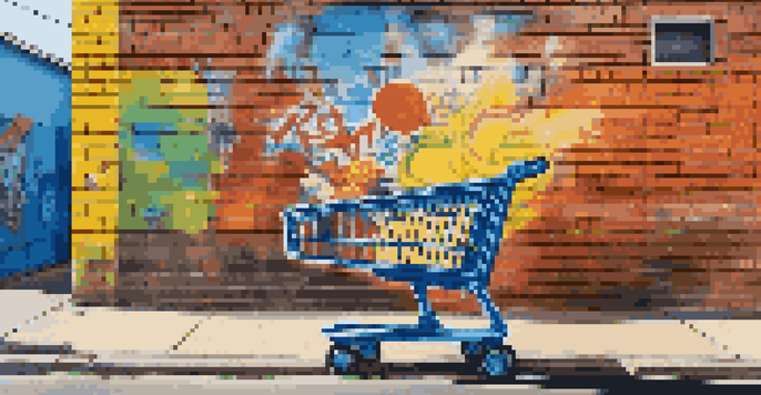 A large mural of a sad-faced shopping cart painted on a brick wall, surrounded by colorful graffiti, emphasizing themes of consumerism.