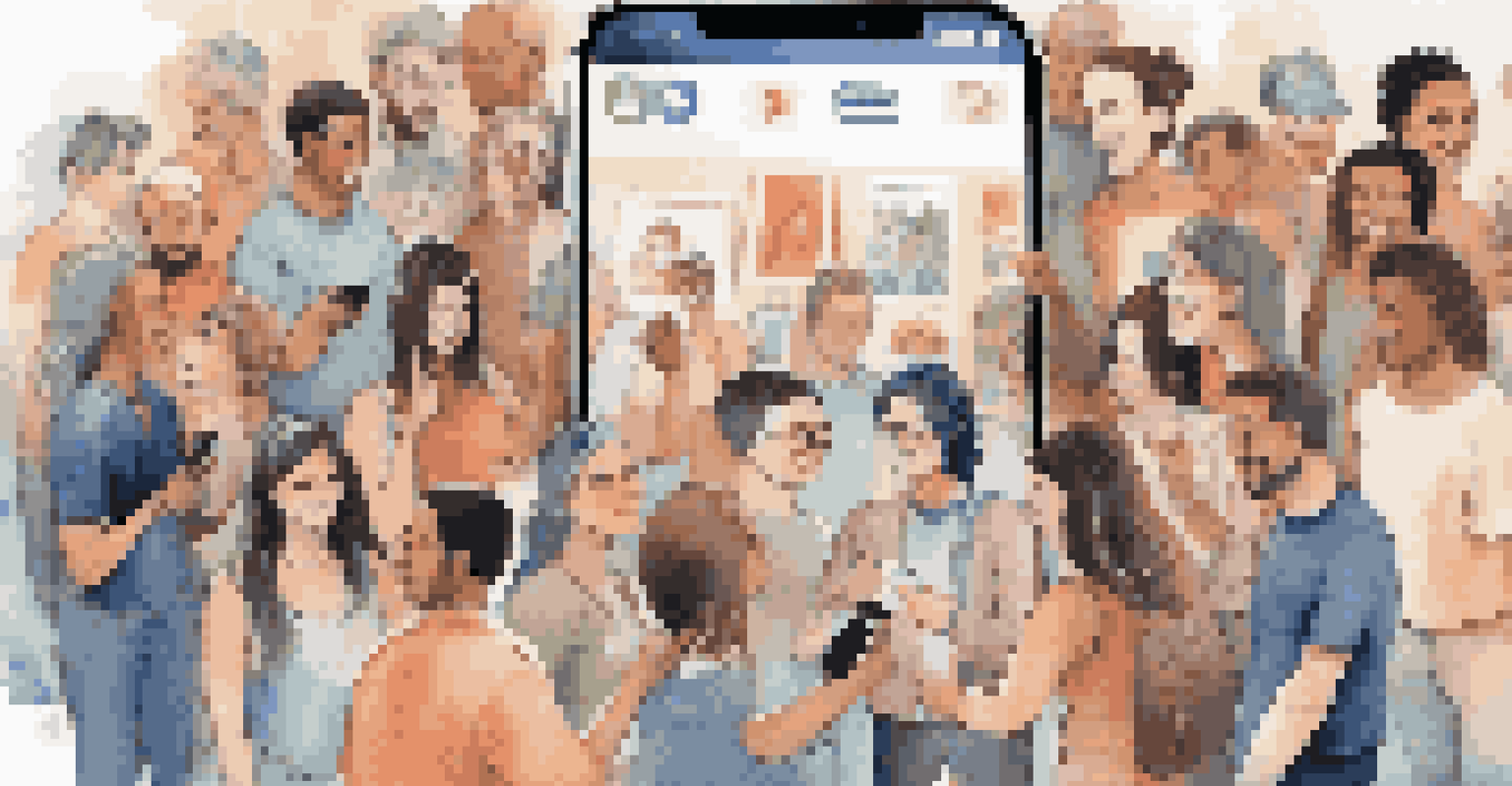 A group of diverse people engaging with a smartphone displaying an art piece, illustrating the lively interaction and sharing on social media.