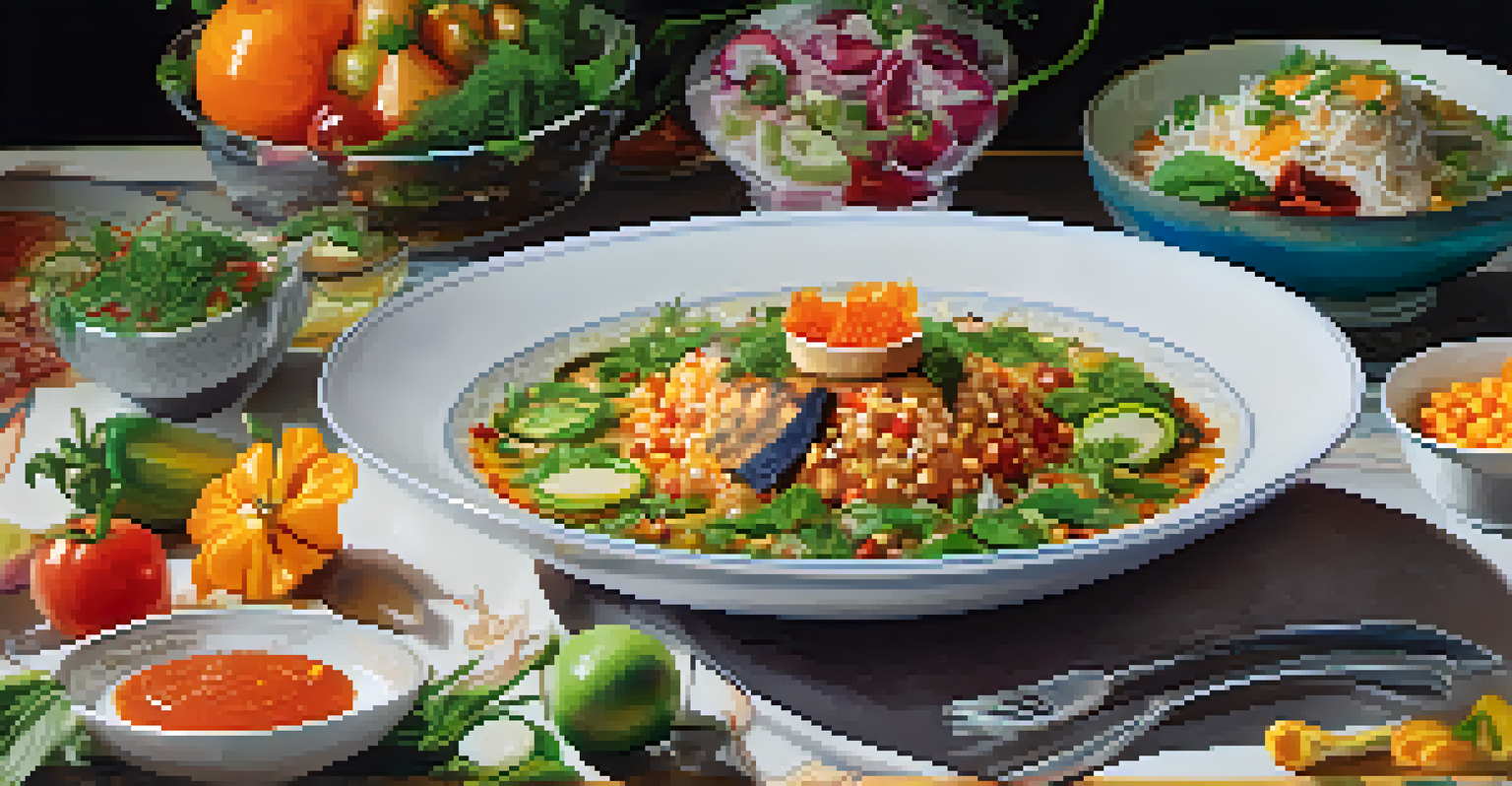 A visually appealing fusion cuisine dish, featuring a colorful mix of ingredients from various cultures, artistically presented.