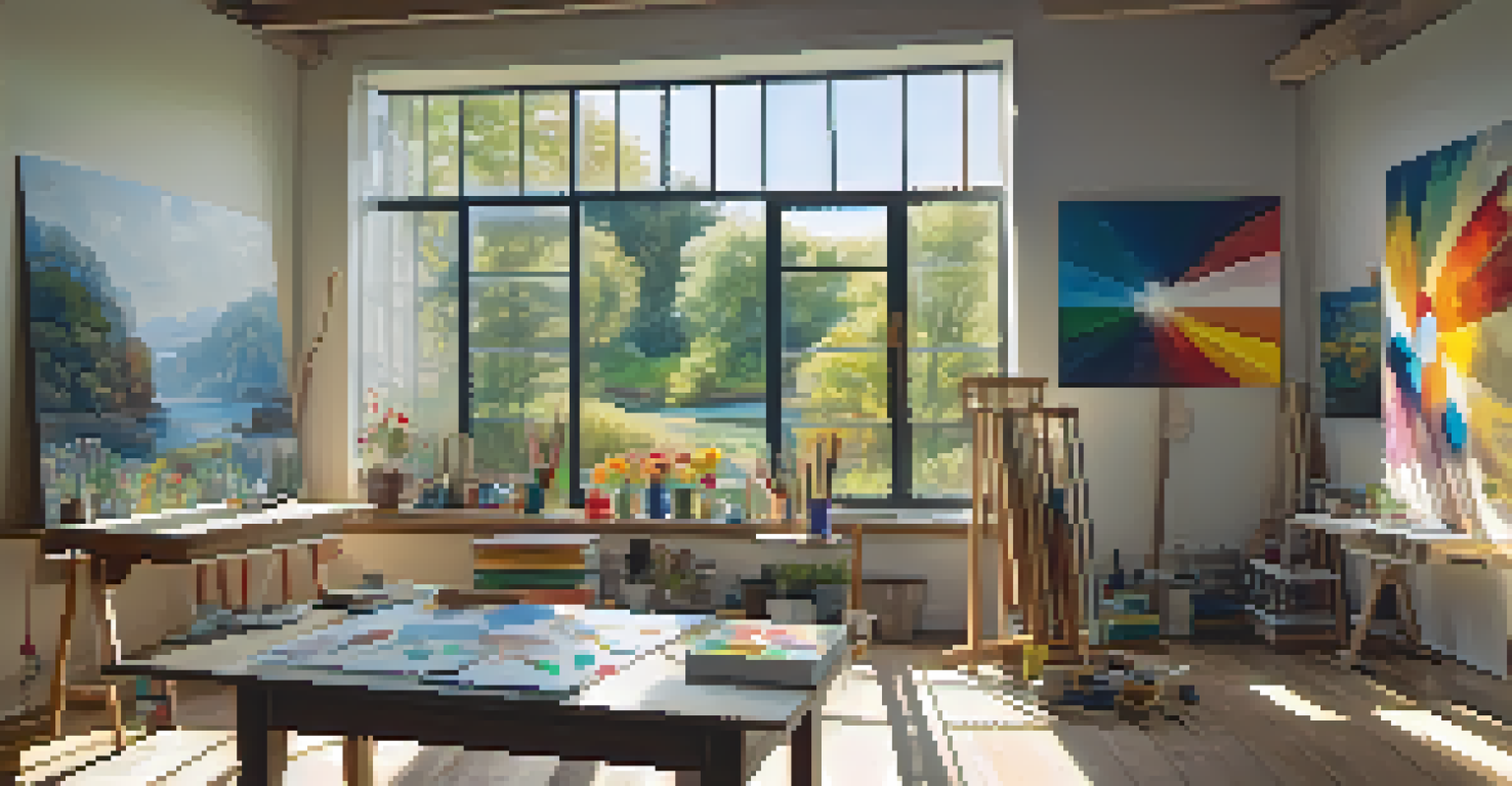 An artist's studio with a large canvas, colorful artwork on the walls, and sunlight streaming through a window.
