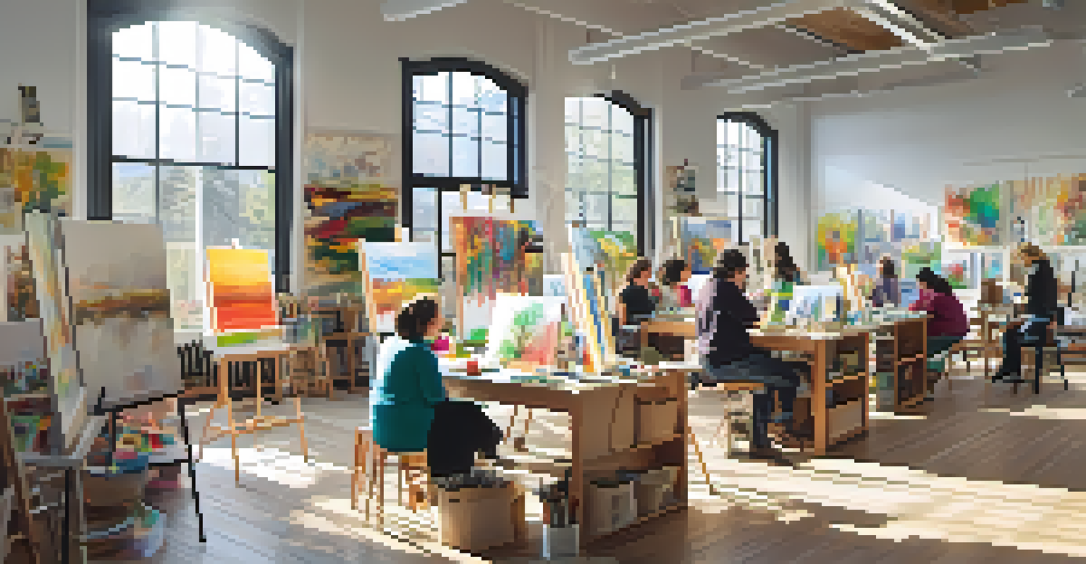 A community art workshop with individuals of different ages working on creative projects in a bright studio filled with art supplies.