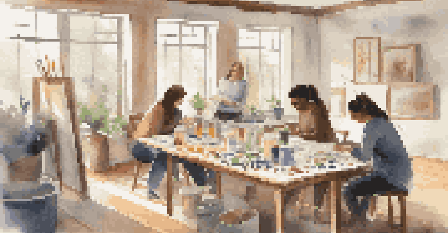 A warm art therapy session in a cozy room with participants painting and sculpting, surrounded by art supplies.