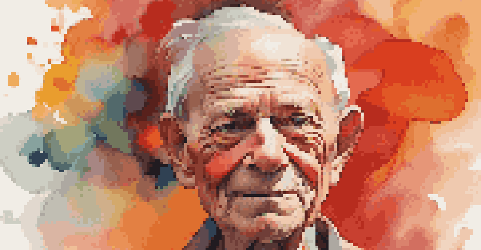 An abstract digital portrait of an elderly man with exaggerated features and a colorful background.
