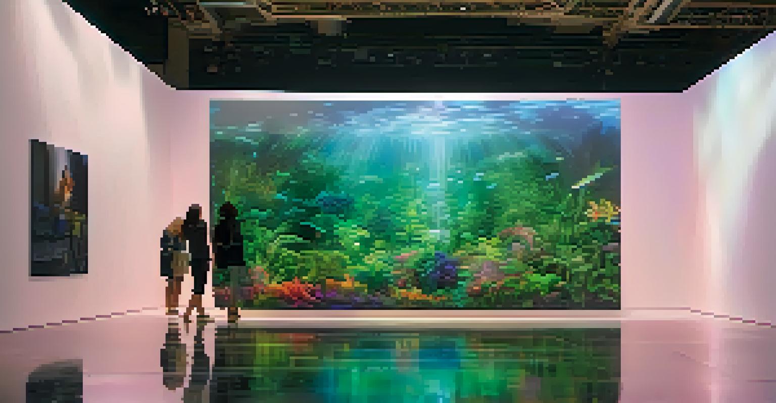 An installation art piece with light and water creating colorful projections on a reflective surface, surrounded by greenery.