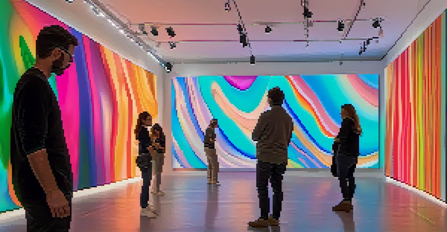 An interactive digital art installation with large screens displaying colorful patterns, in a dimly lit gallery.