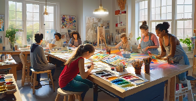 A bright art therapy studio where people of various ages are happily creating art together, surrounded by colorful art supplies.