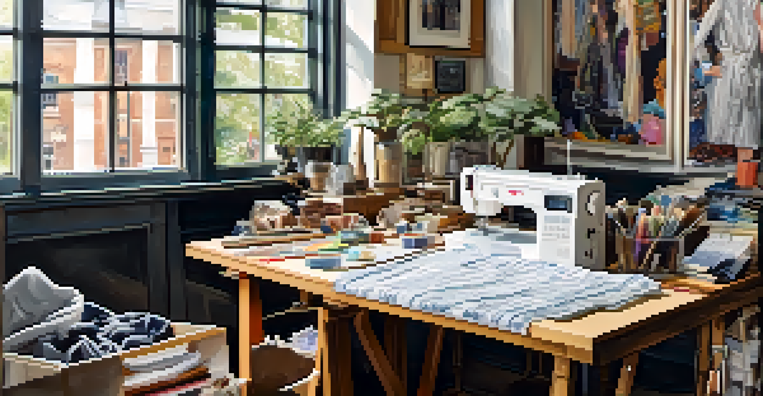 A detailed view of a fashion designer's workspace with sketches, fabric swatches, and a sewing machine, illuminated by soft natural light.