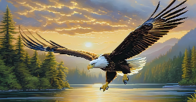 A majestic eagle flying above a green landscape with sunlight shining through clouds, showcasing its vibrant feathers.