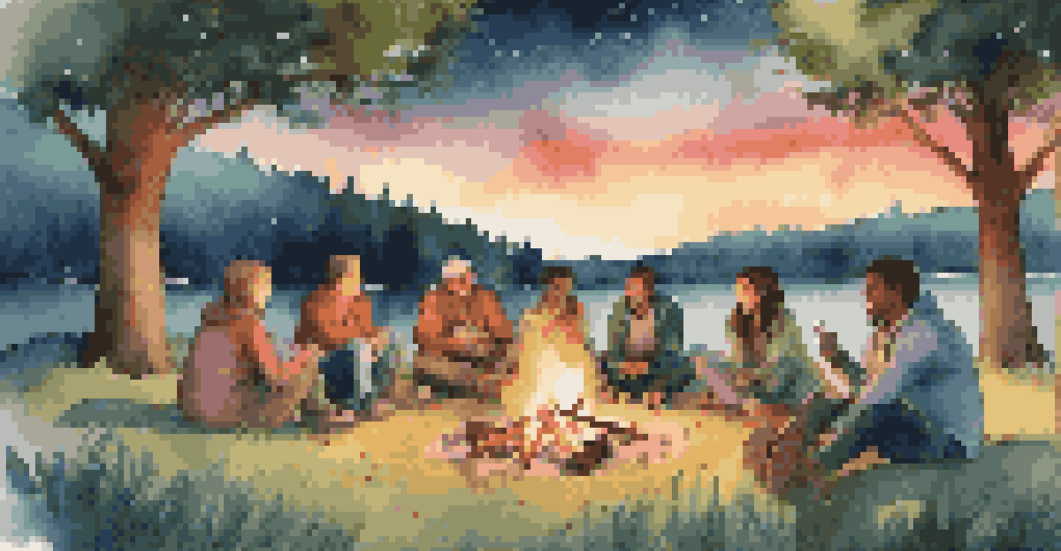 A peaceful outdoor gathering around a bonfire, with people sharing stories under a starlit sky.